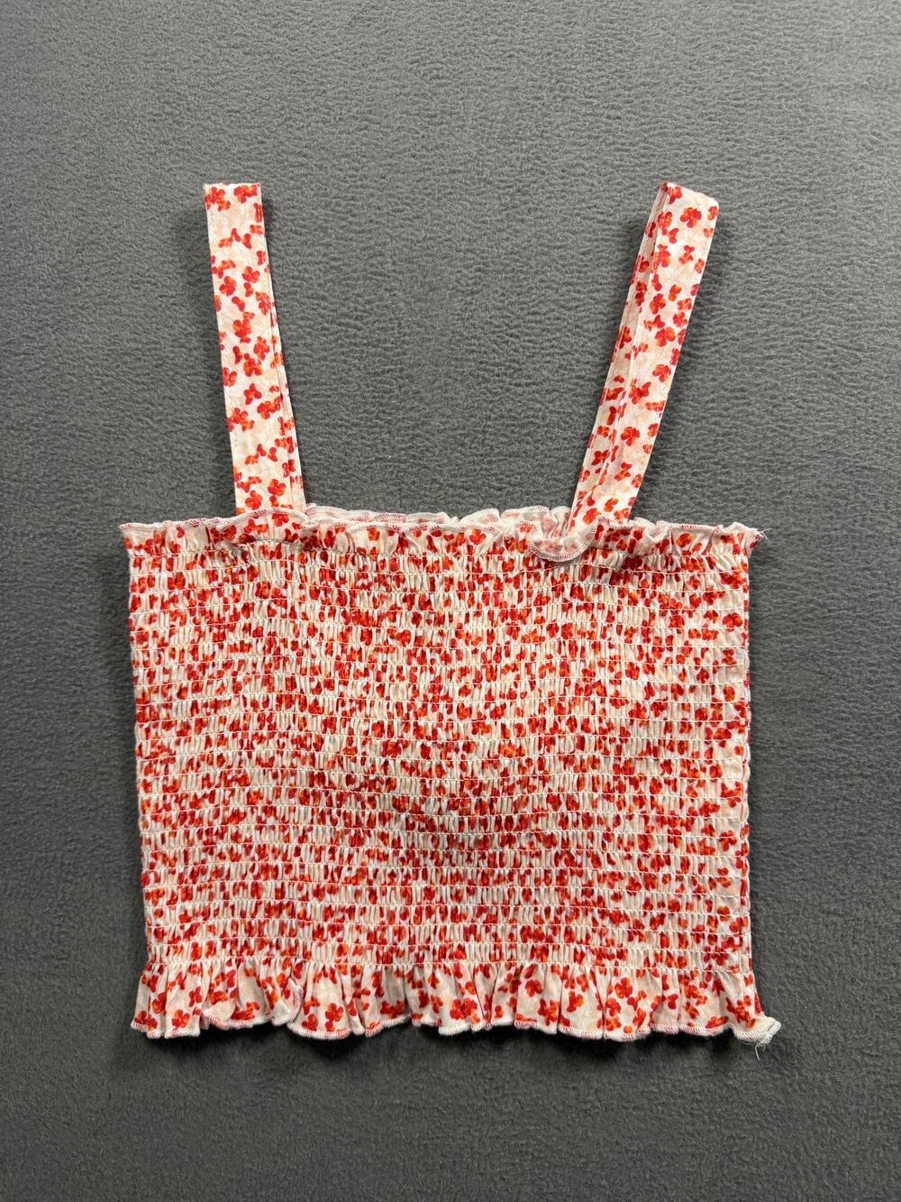 NWT Me to We PacSun White Red Floral Smocked Ruffle Hem Crop Cami Tank Top Small